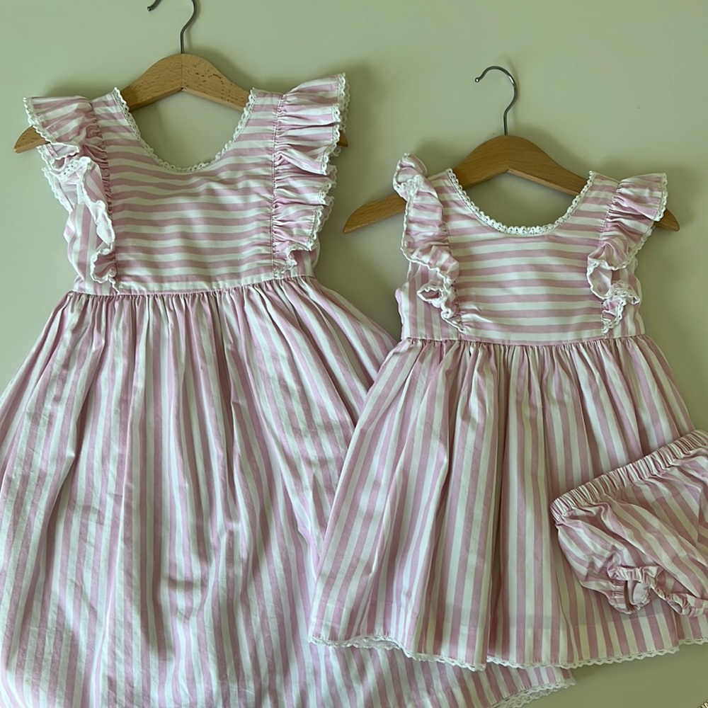 Pink and white striped cotton kids dress with bow one size 4 and one size 12 mo
